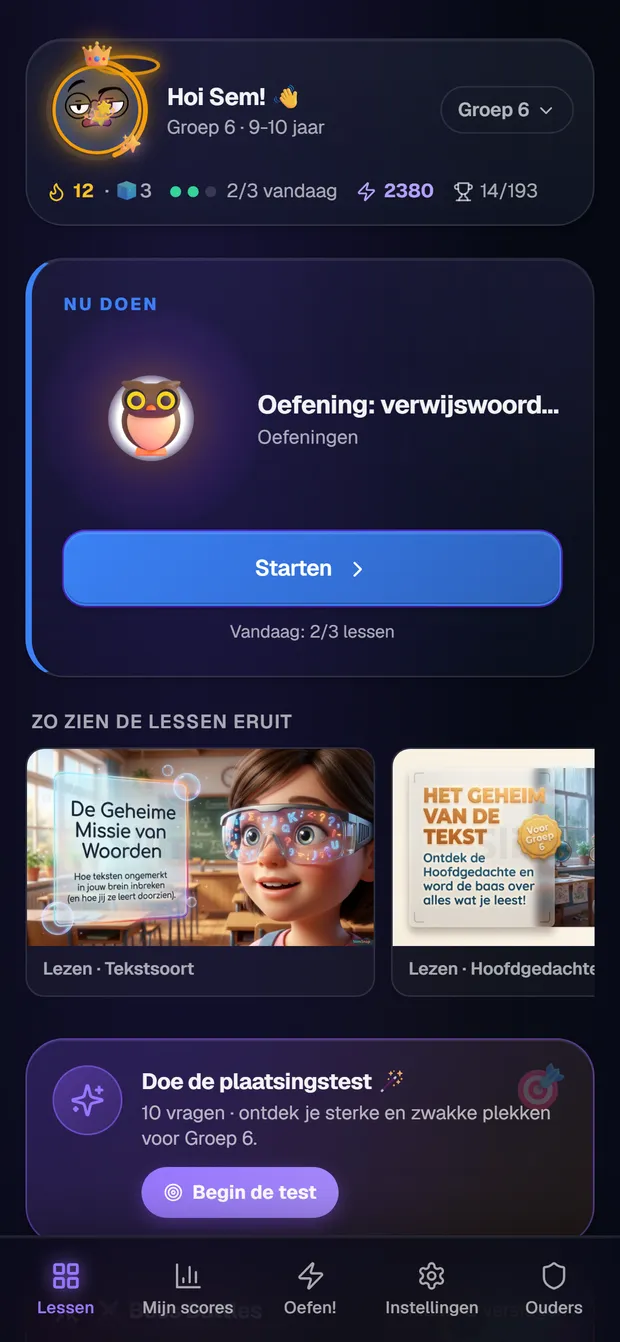 SlimSnap-dashboard met dagdoel en korte lessen