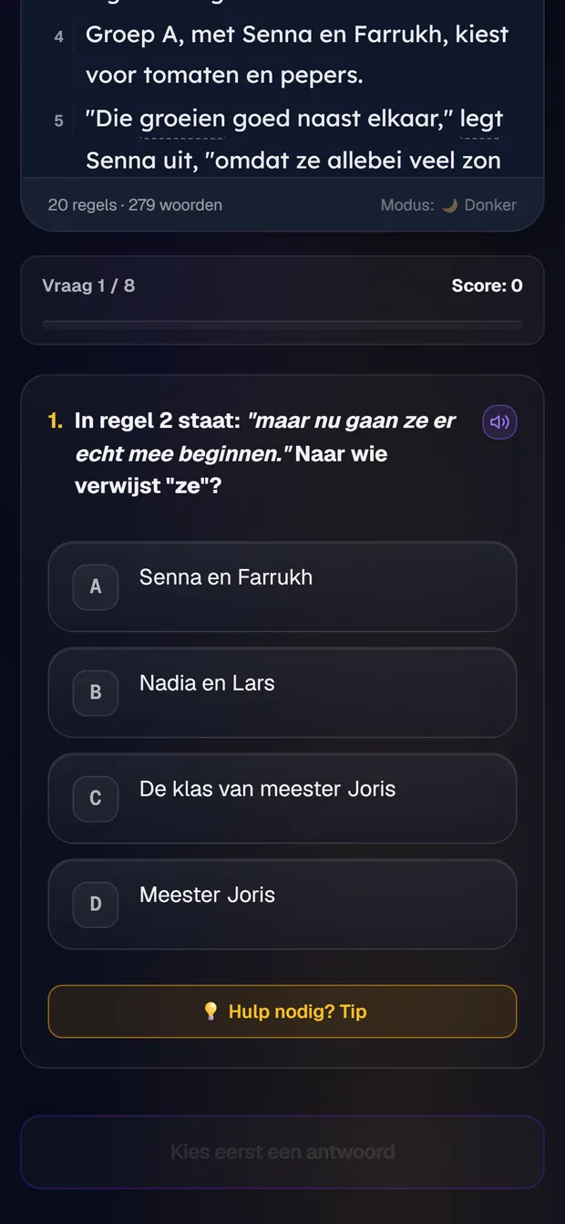 Lesvraag met een echte tekst en een vraag over waar een woord naar verwijst
