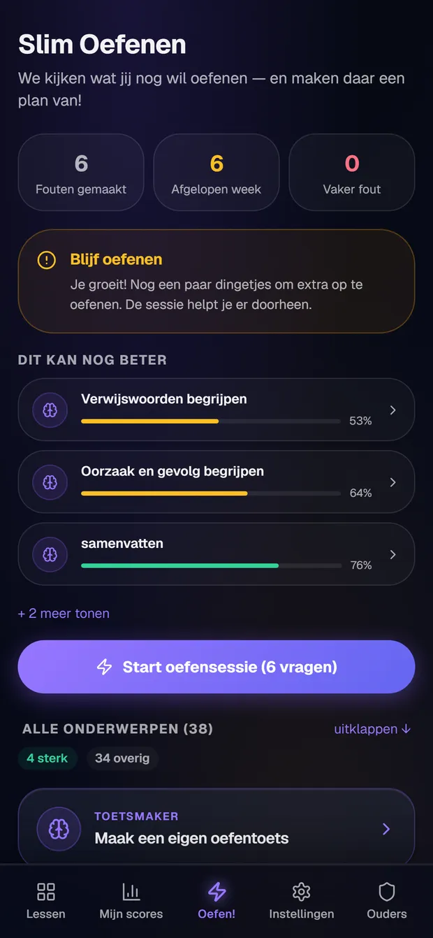 Slim Oefenen-scherm dat zwakke onderwerpen toont met percentages