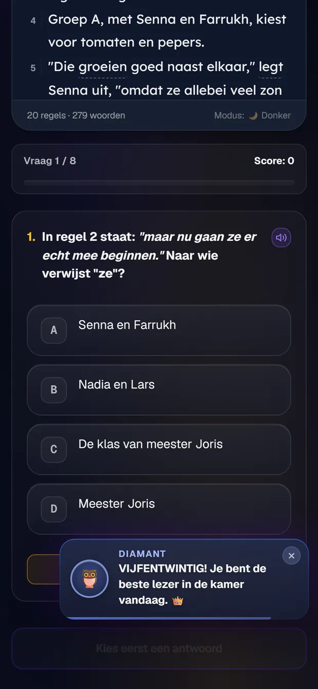 Mascotte Snip de uil viert een reeks van 25 goede antwoorden