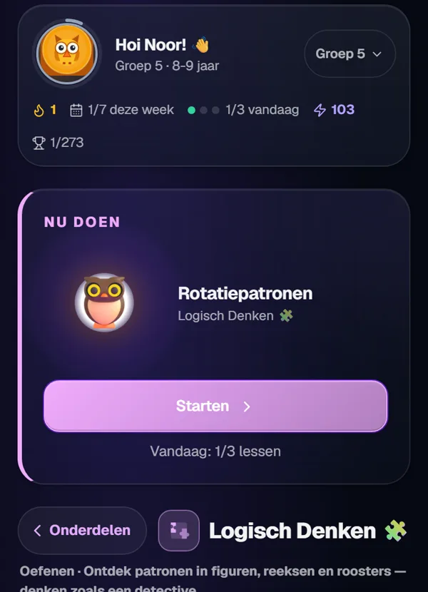 Dashboard: één les om mee te beginnen, een dagdoel van drie lessen en een reeks