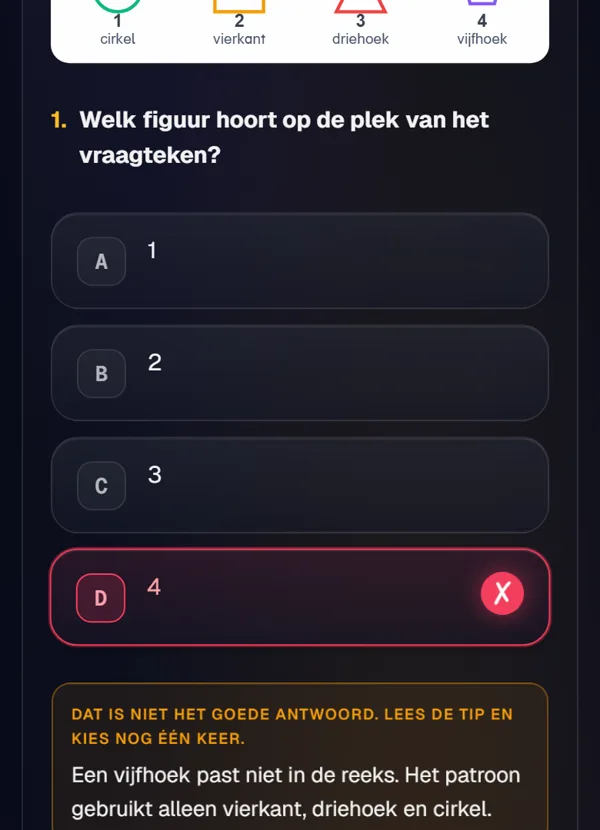 Scherm uit de app: na een fout antwoord verschijnt een tip en mag je kind nog één keer kiezen