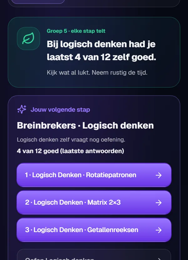 Scherm Mijn groei: wat al lukt, en de volgende stap met drie lessen om te oefenen