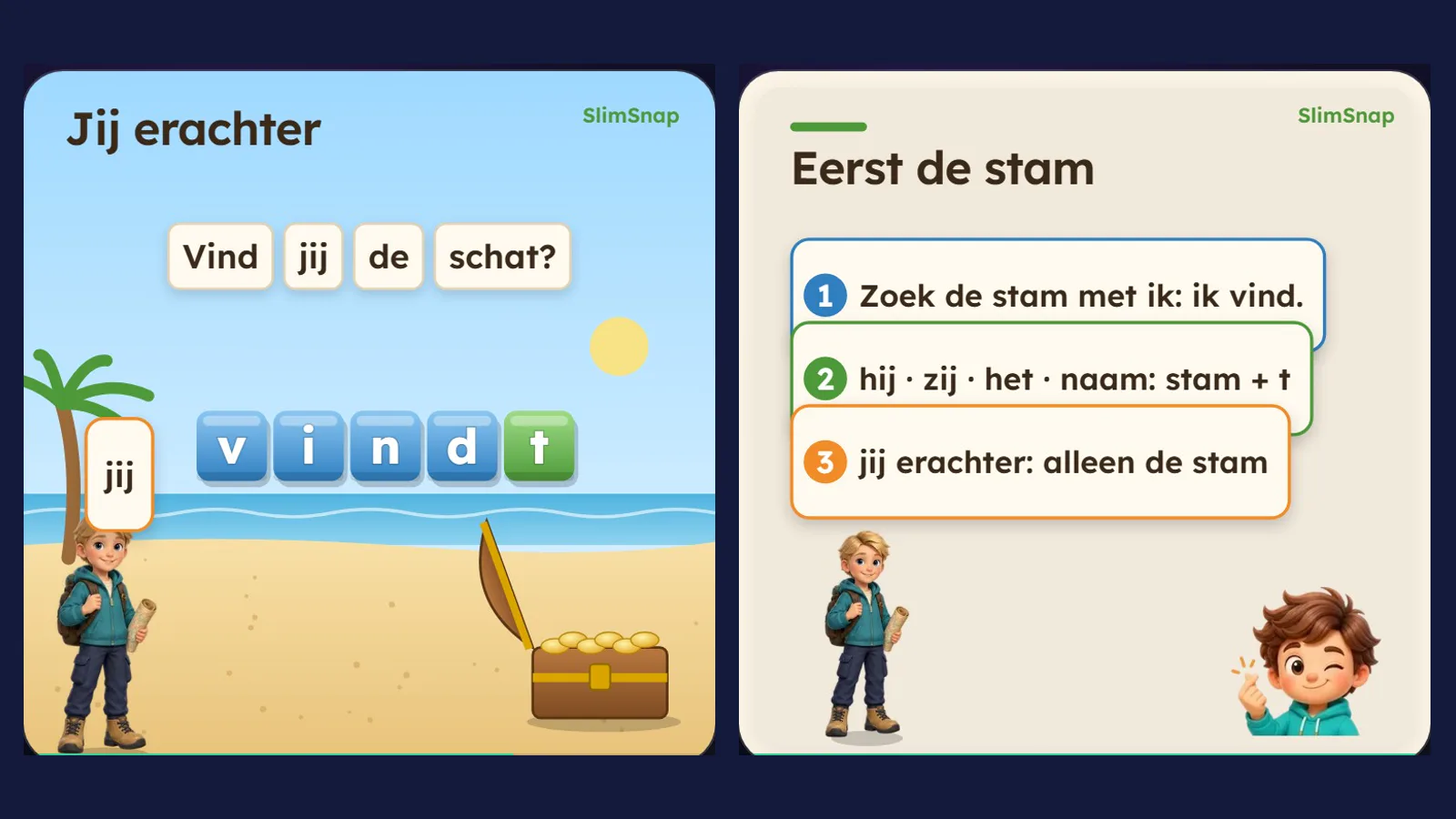 Twee beelden uit de lesfilm d/t-regel: de letters van vindt als tegels, en de drie stappen: eerst de stam