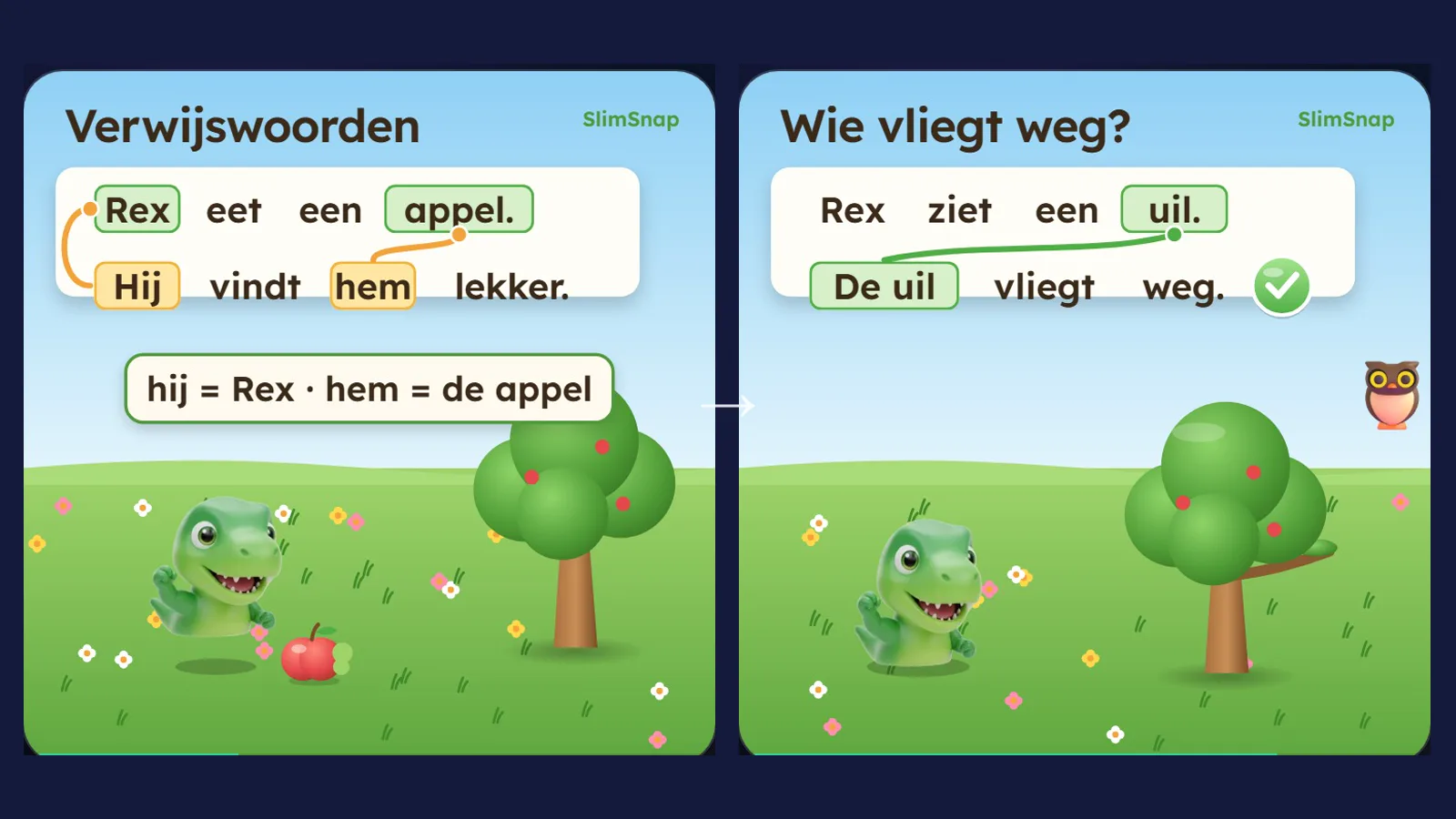Twee beelden uit de lesfilm Verwijswoorden: een lijn laat zien dat hij naar Rex wijst en hem naar de appel