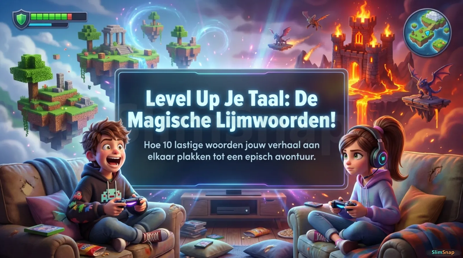 Twee kinderen spelen een leeravontuur in SlimSnap — leren voelt als gamen